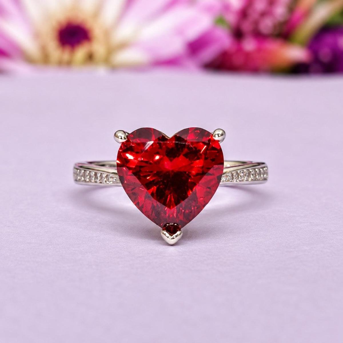 Heart Cut Ruby Red Moissanite Ring, 925 Sterling Silver