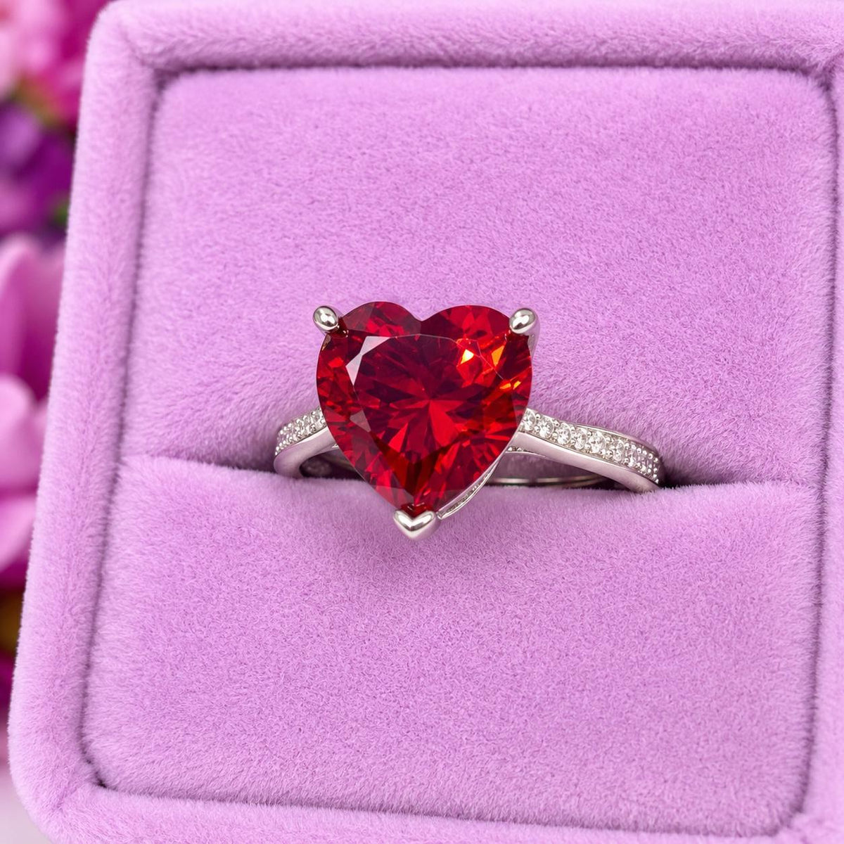 Heart Cut Ruby Red Moissanite Ring, 925 Sterling Silver