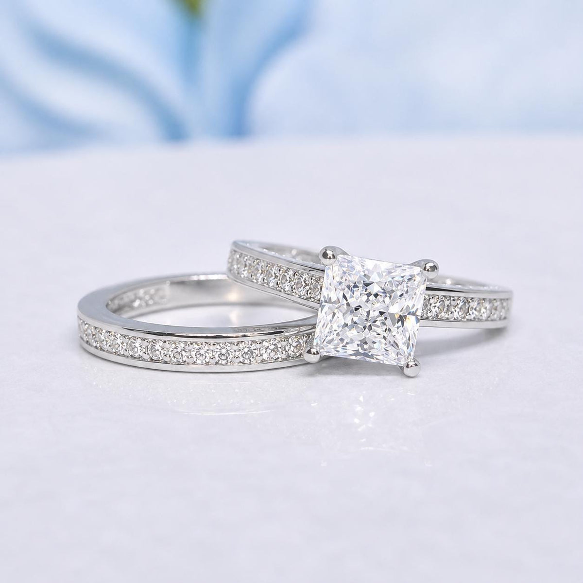 Princess Cut 1.5 Carat VVS White Sapphire Engagement Ring Bridal Set