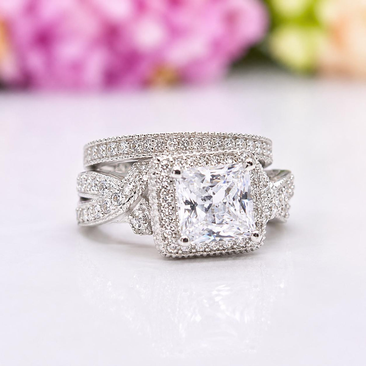 Princess Cut 1.5 Carat Moissanite Ring Set: Sterling Silver Engagement Wedding Anniversary