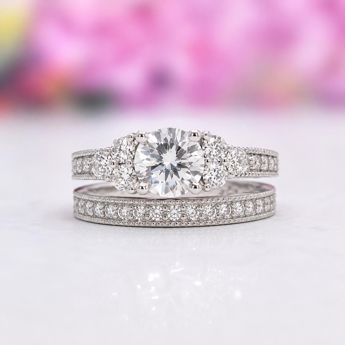 Vintage Style 1.25 Ct Moissanite Diamond 2-Pc Wedding Engagement Ring Set