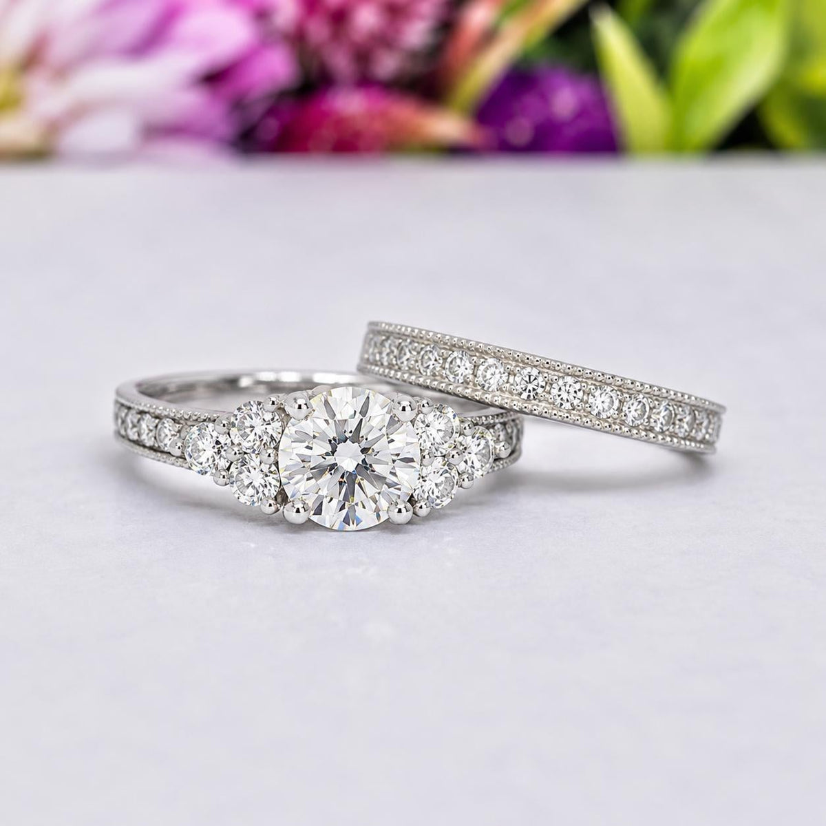 Vintage Style 1.25 Ct Moissanite Diamond 2-Pc Wedding Engagement Ring Set