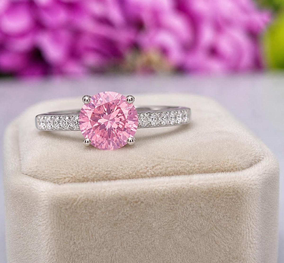 Round Cut 2 Ct Champagne Pink Moissanite Diamond Bridal Engagement Ring 925 Sterling Silver