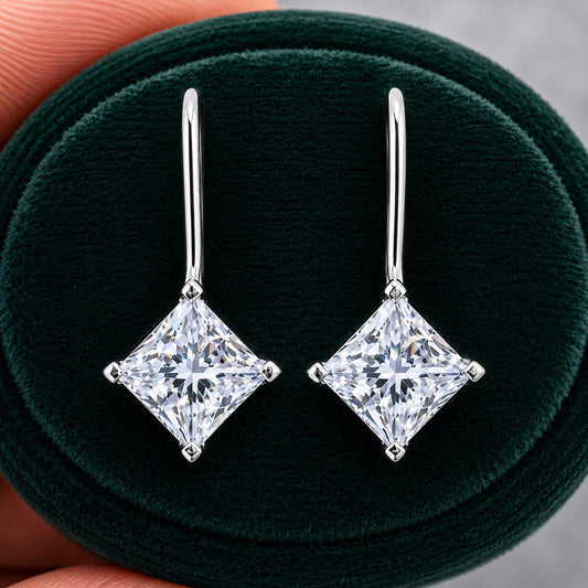 Princess Cut Moissanite Dangle Earrings : 925 Sterling Silver