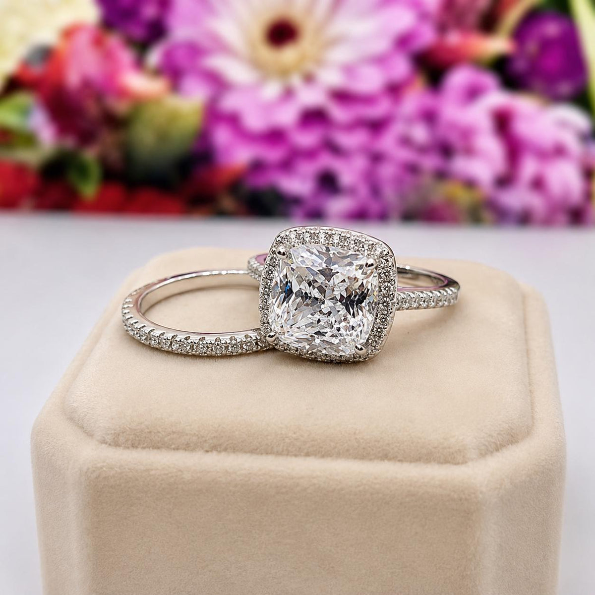 Cushion Cut 5 Carat Moissanite Engagement Ring Set: Sterling Silver Wedding Rings