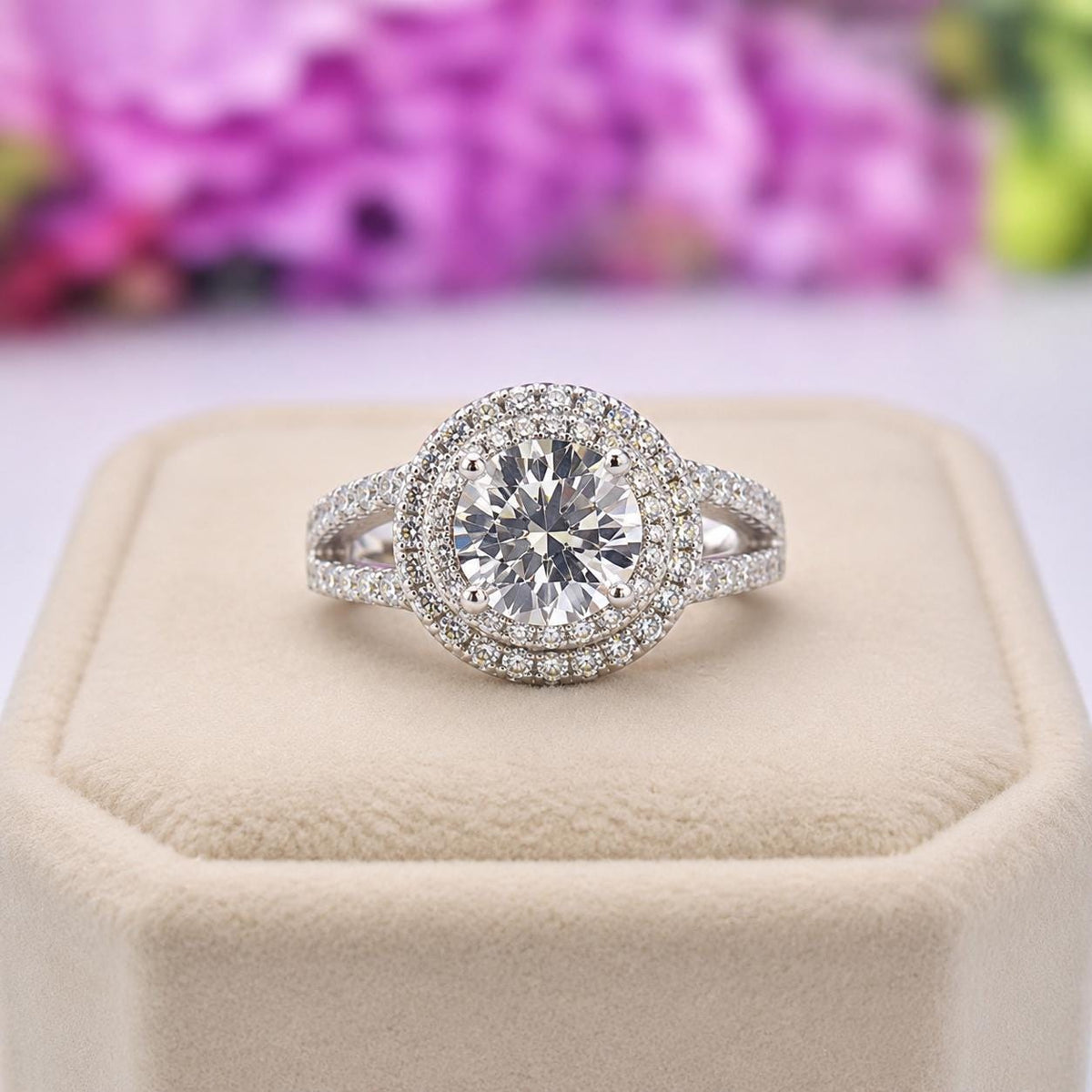 Double Halo 1.25 Ct  Moissanite Diamond Engagement Ring 925 Sterling Silver