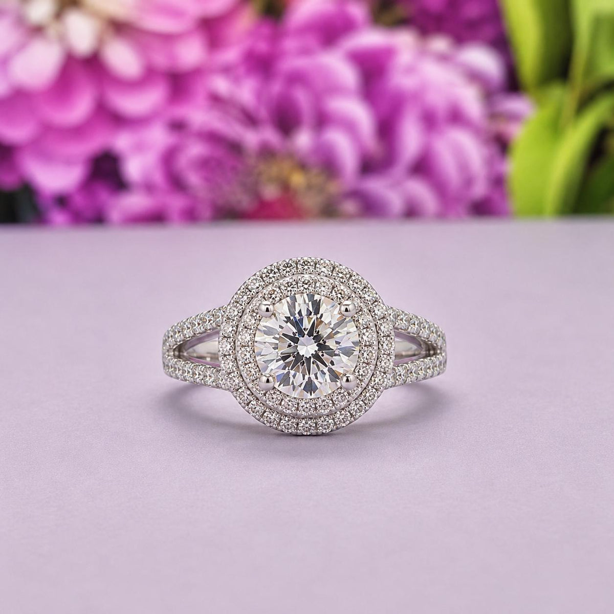Double Halo 1.25 Ct  Moissanite Diamond Engagement Ring 925 Sterling Silver