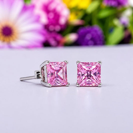 Princess Cut 1 Ct Pink Sapphire Stud Earrings 925 Sterling Silver