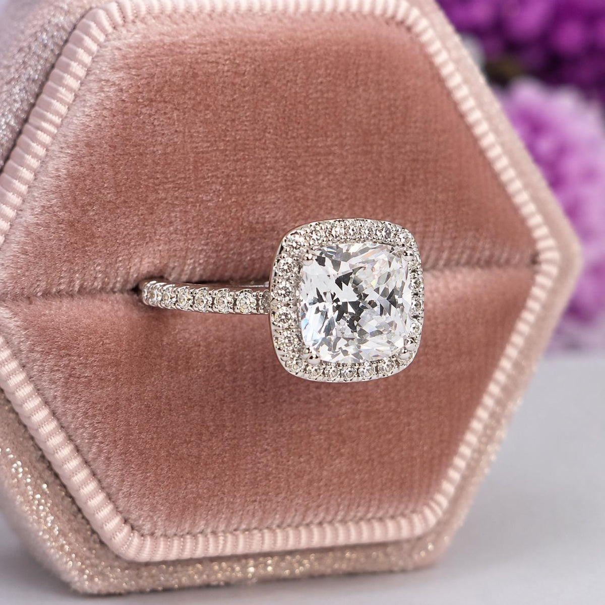 Cushion Cut 3 Carat Moissanite Halo Ring - Sterling Silver
