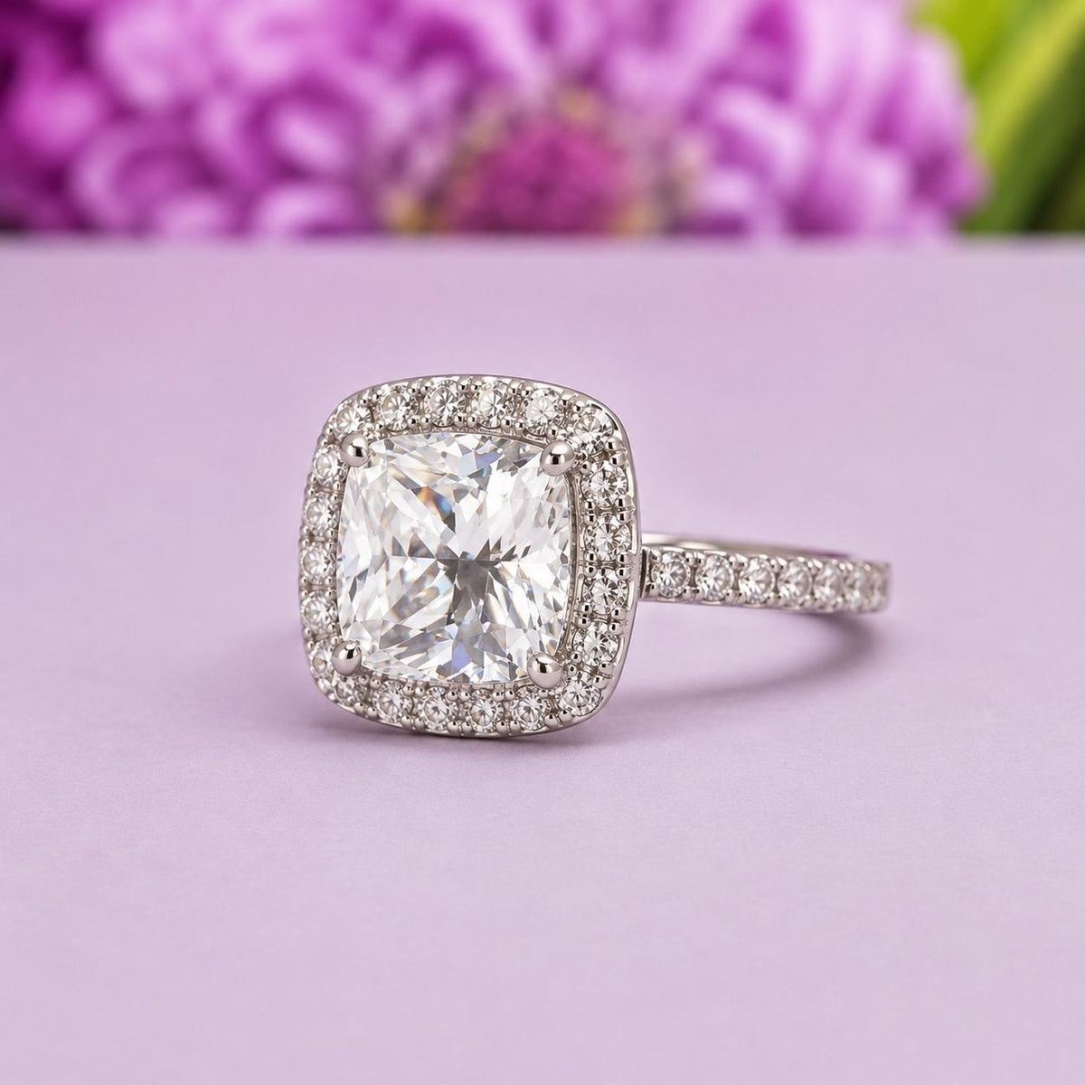 Cushion Cut 3 Carat Moissanite Halo Ring - Sterling Silver