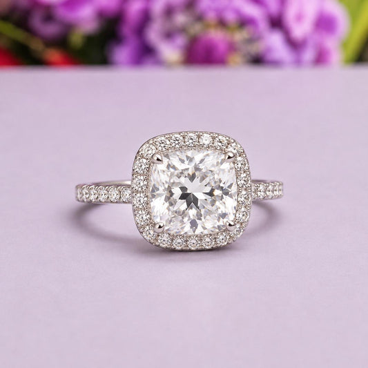 Cushion Cut 3 Carat Moissanite Halo Ring - Sterling Silver