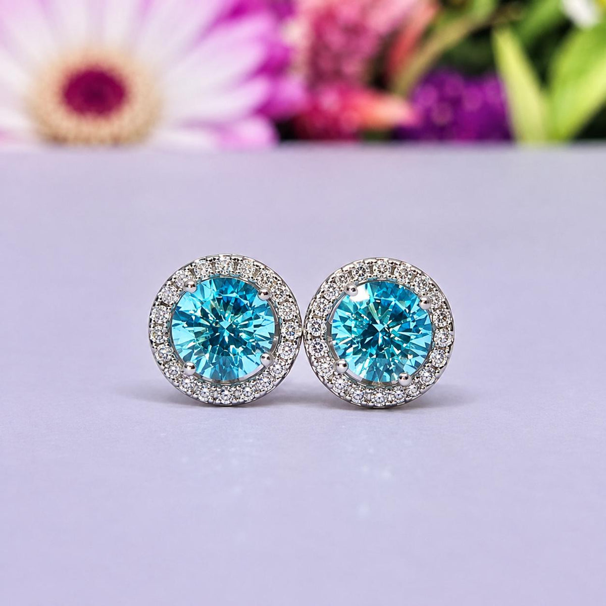 Blue Sapphire Stud Earrings: Removable Halo, 925 Sterling Silver
