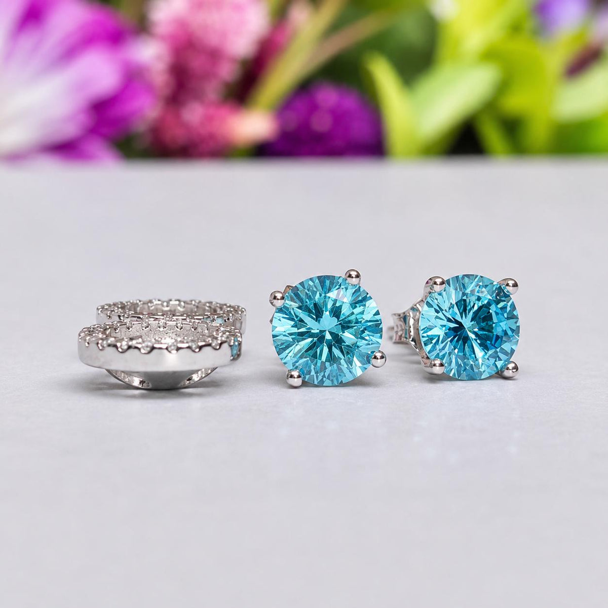 Blue Sapphire Stud Earrings: Removable Halo, 925 Sterling Silver