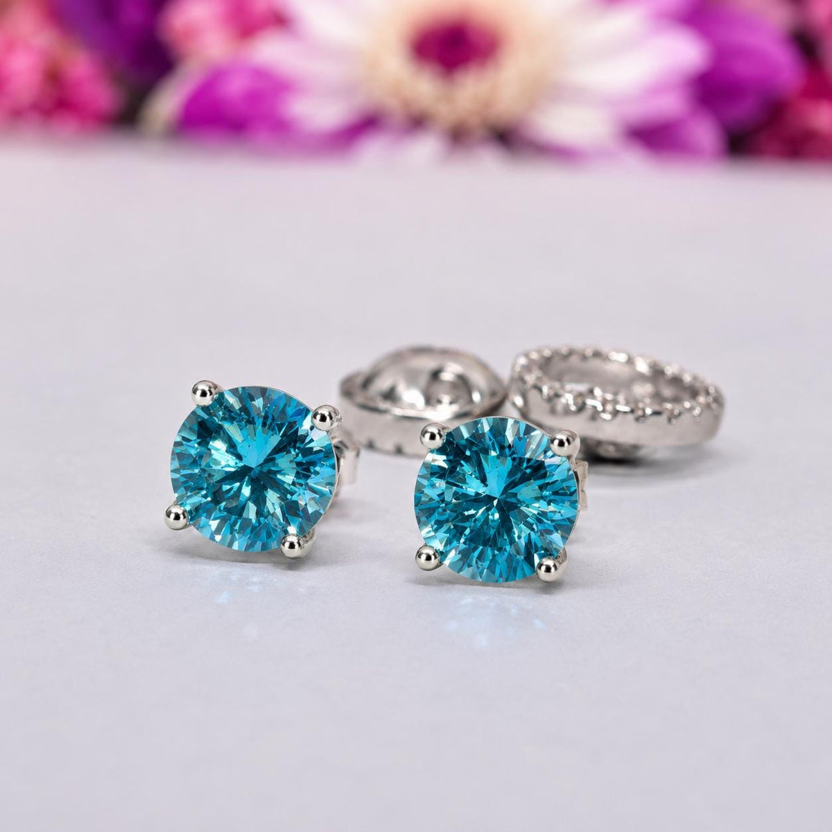 Blue Sapphire Stud Earrings: Removable Halo, 925 Sterling Silver