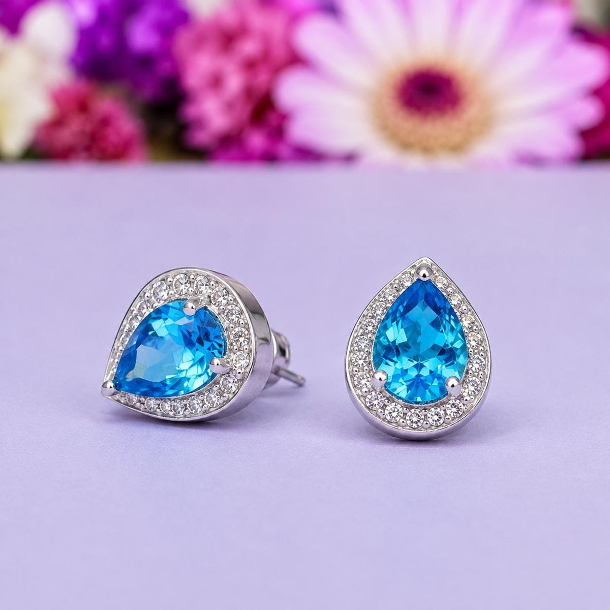 Pear Cut Blue Sapphire Stud Earrings : 925 Sterling Silver