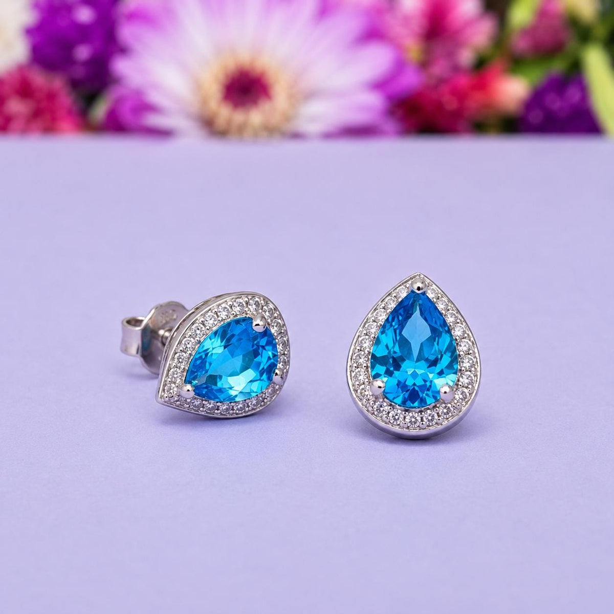 Pear Cut Blue Sapphire Stud Earrings : 925 Sterling Silver