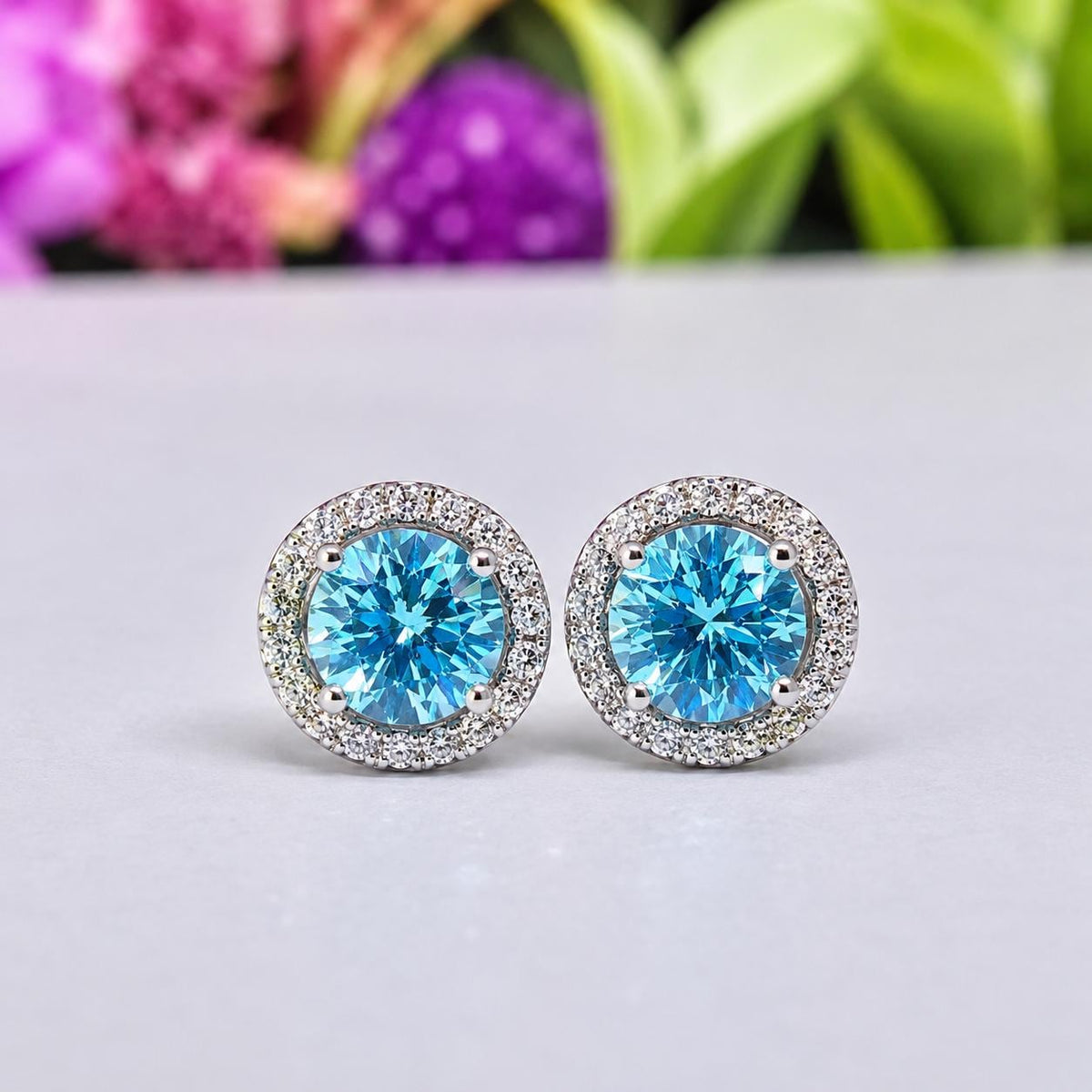 Blue Sapphire Stud Earrings: Removable Halo, 925 Sterling Silver