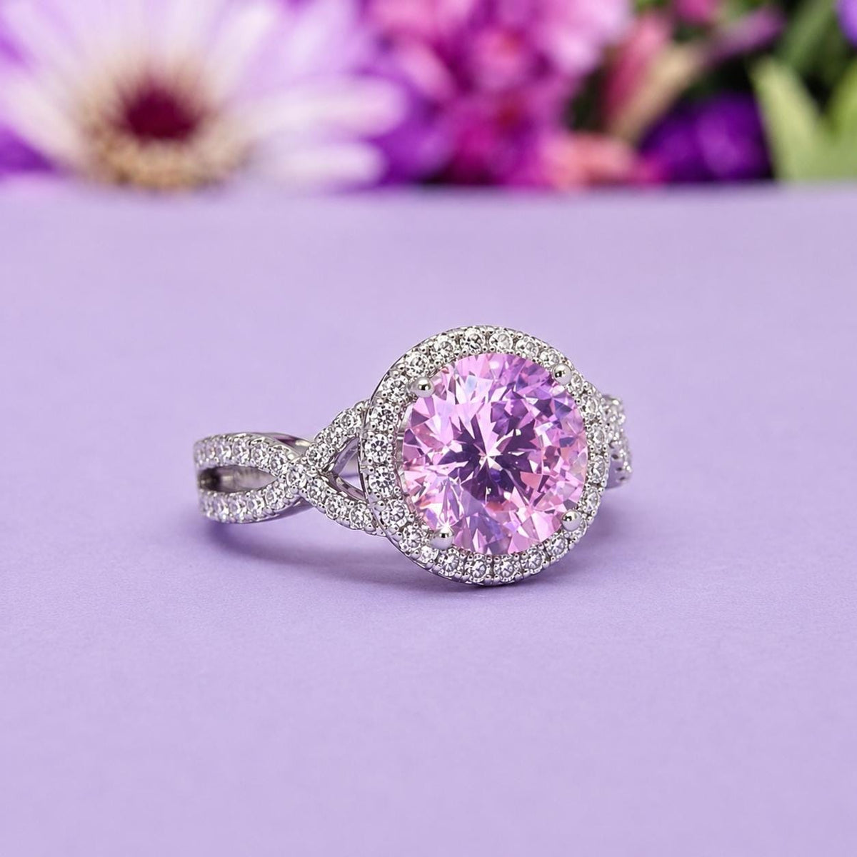 Round Cut 3 CT Pink Sapphire Engagement Ring: 925 Sterling Silver