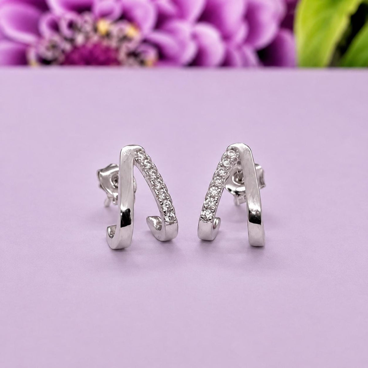 Half Hoop Earrings Moissanite Diamond : 925 Sterling Silver Earrings