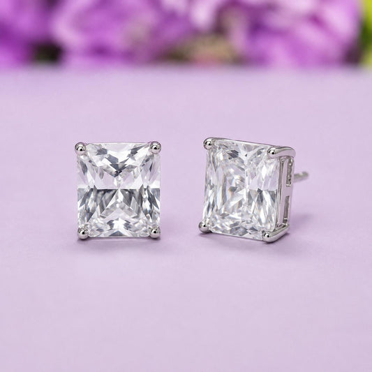 Princess Cut Baguette 4 Ct Moissanite Diamond Stud : 925 Sterling Silver Earrings