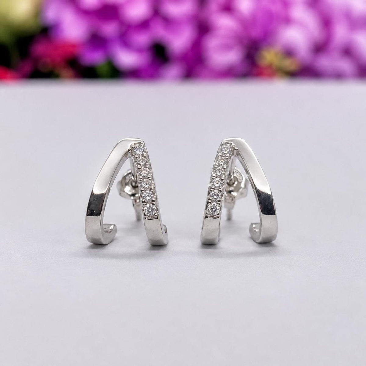 Half Hoop Earrings Moissanite Diamond : 925 Sterling Silver Earrings