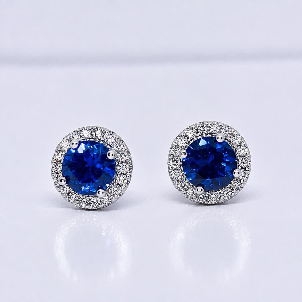 Navy Blue Sapphire Sterling Silver Halo Stud Earrings: Removable Halo