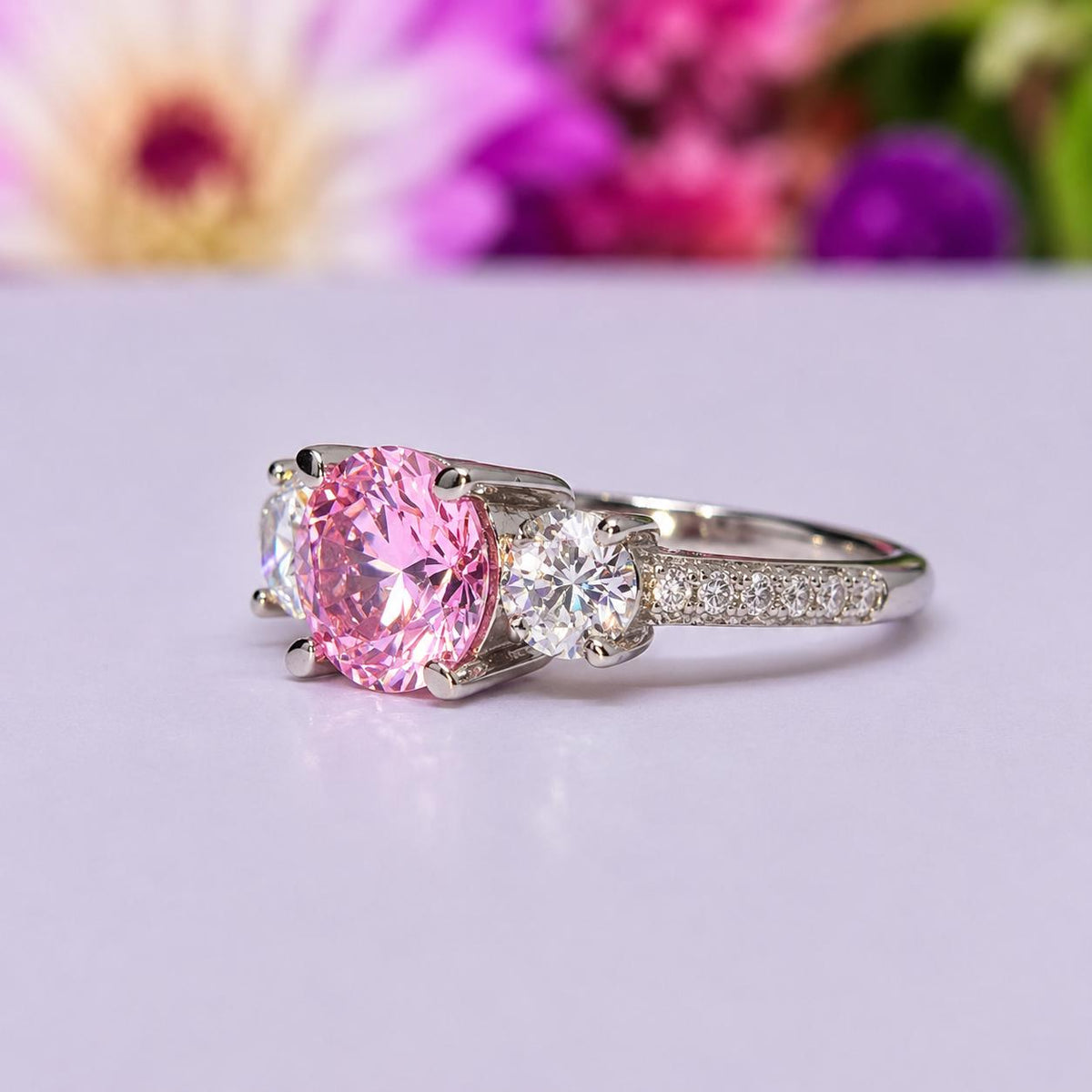 Three Stone Pink Sapphire 2 Ct Engagement Ring : 925 Sterling Silver