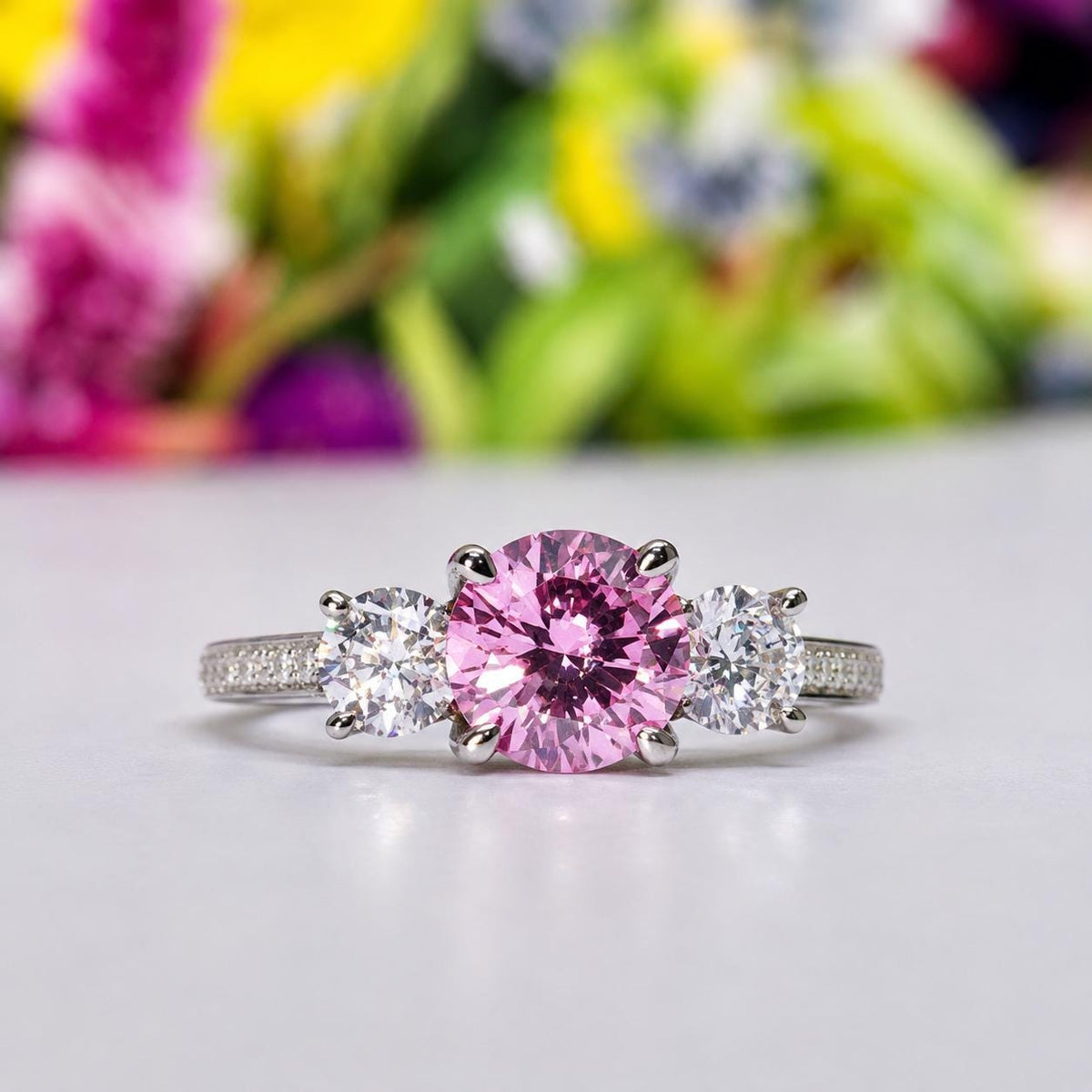 Three Stone Pink Sapphire 2 Ct Engagement Ring : 925 Sterling Silver