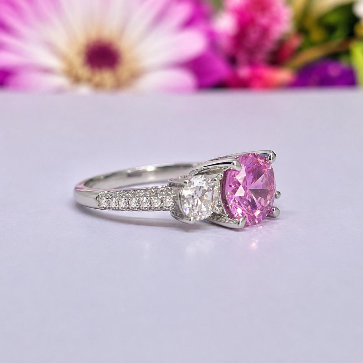 Three Stone Pink Sapphire 2 Ct Engagement Ring : 925 Sterling Silver