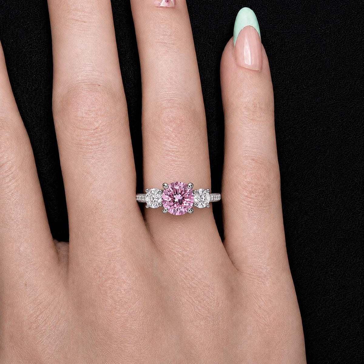 Three Stone Pink Sapphire 2 Ct Engagement Ring : 925 Sterling Silver