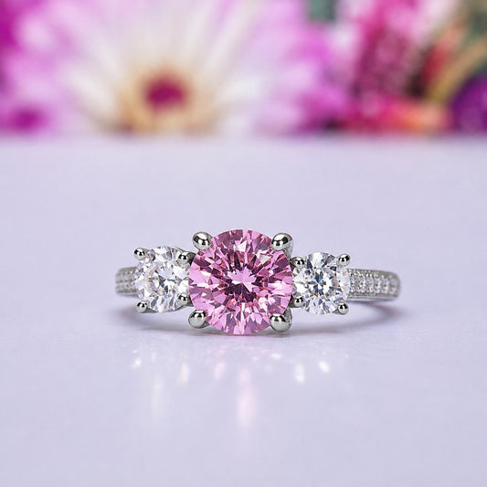 Three Stone Pink Sapphire 2 Ct Engagement Ring : 925 Sterling Silver