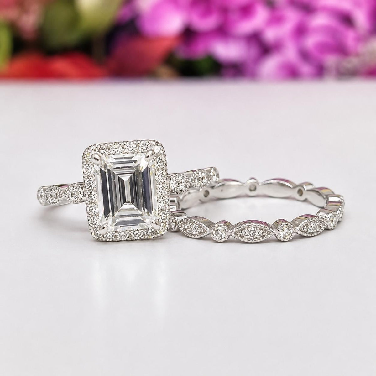 Radiant 2 Carat Moissanite Engagement Ring Emerald Cut : 925 Sterling Silver