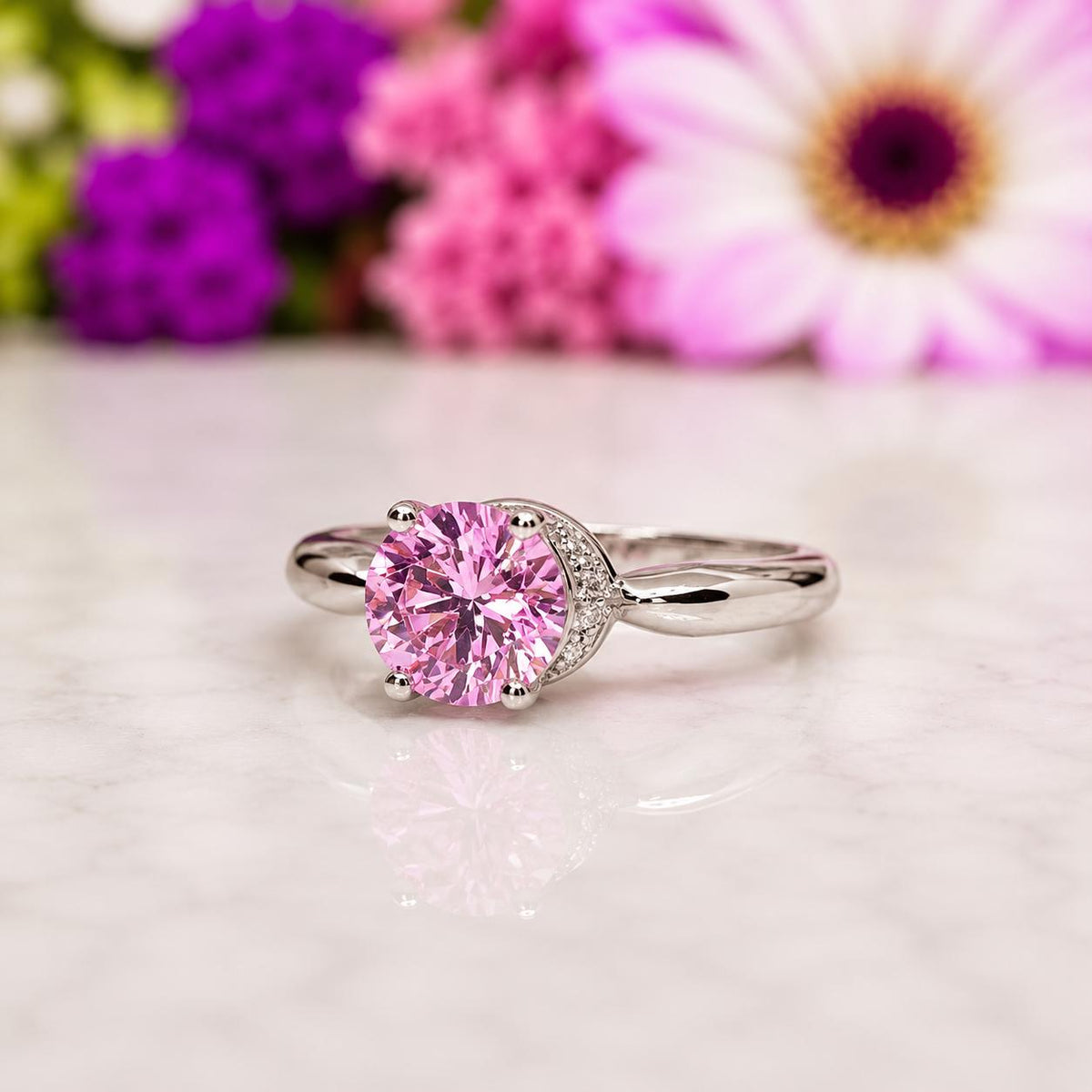 Round Cut Crown 1.25 Ct Pink Sapphire Engagement Ring: 925 Sterling Silver