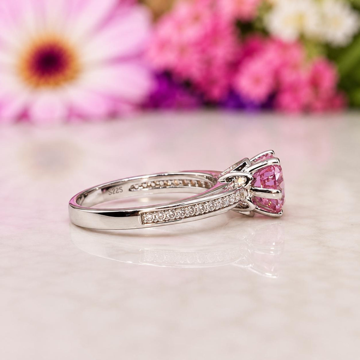 Round Cut 1.25 Ct Pink Sapphire Engagement Ring : 925 Sterling Silver