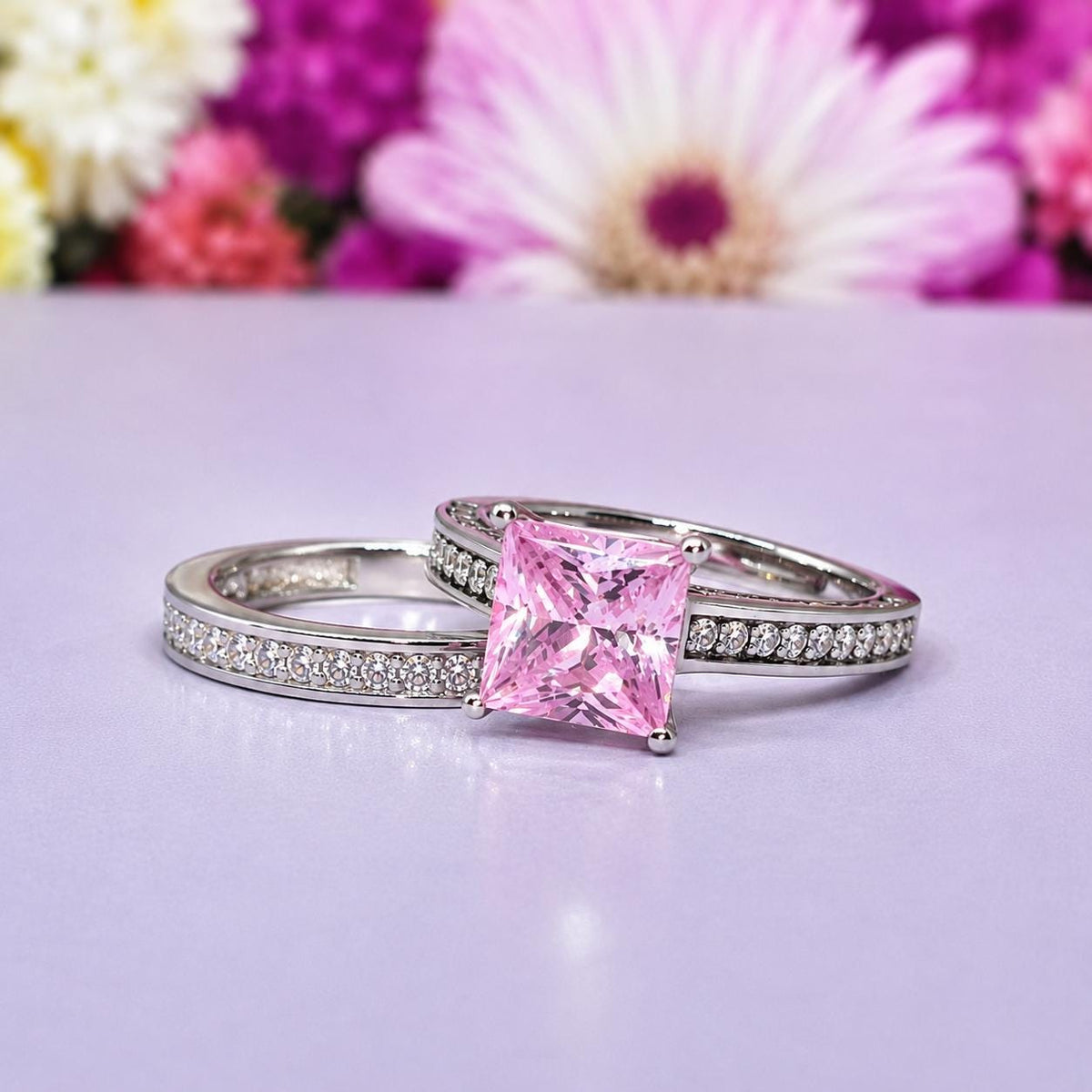 Pink Sapphire Ring Set 1.5 Carat Princess Cut : Sterling Silver Wedding