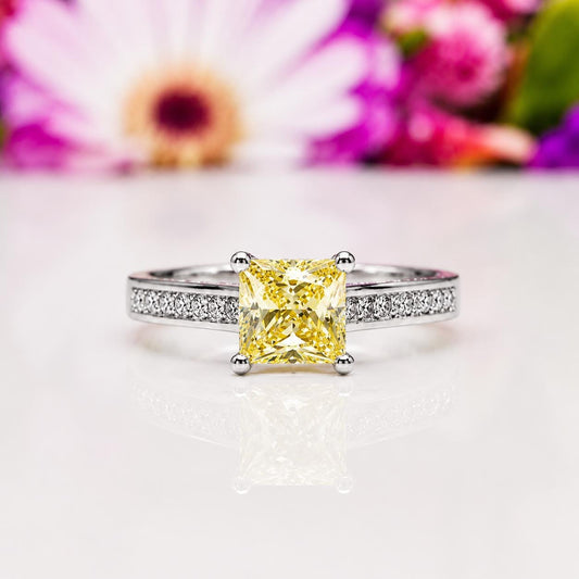1.5 Carat Princess Cut Yellow Sapphire Ring: Sterling Silver Promise Ring