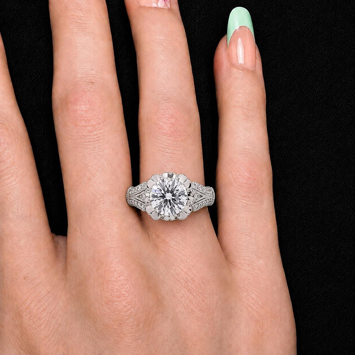 Vintage Style Victorian 2 Ct  Moissanite Diamond Solid 925 Sterling Silver Engagement Ring