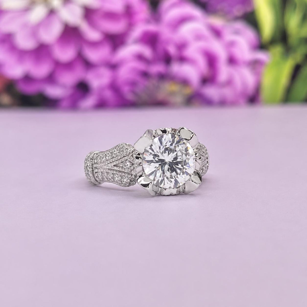 Vintage Style Victorian 2 Ct  Moissanite Diamond Solid 925 Sterling Silver Engagement Ring