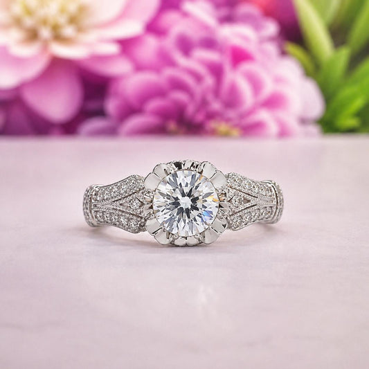 Vintage Style Victorian 2 Ct  Moissanite Diamond Solid 925 Sterling Silver Engagement Ring