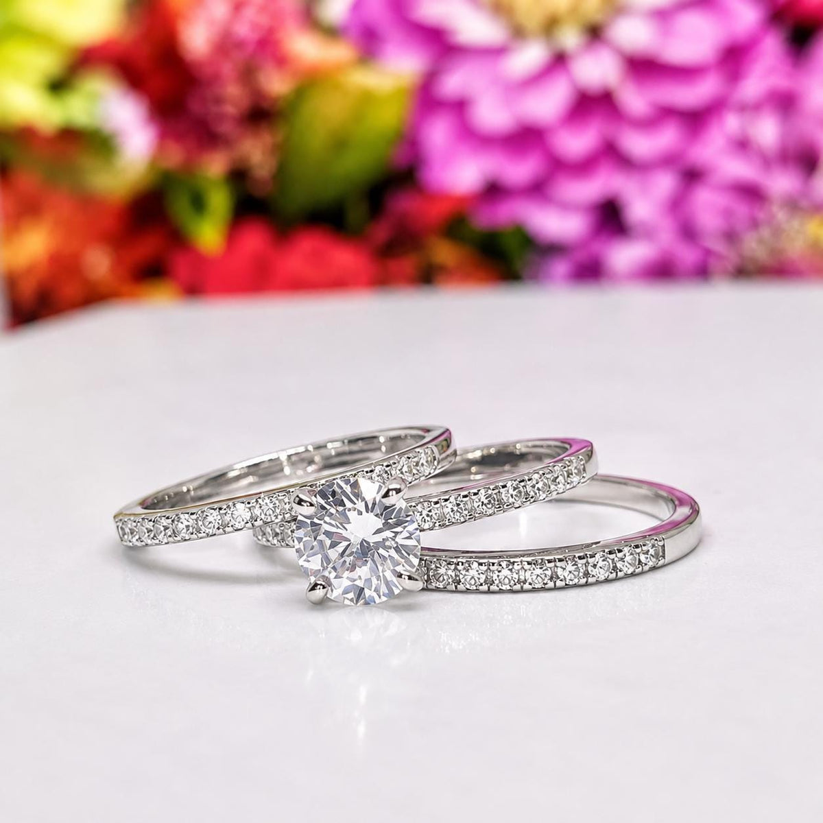Moissanite Sterling Silver Wedding Ring Set - Round Bridal Stacking Rings