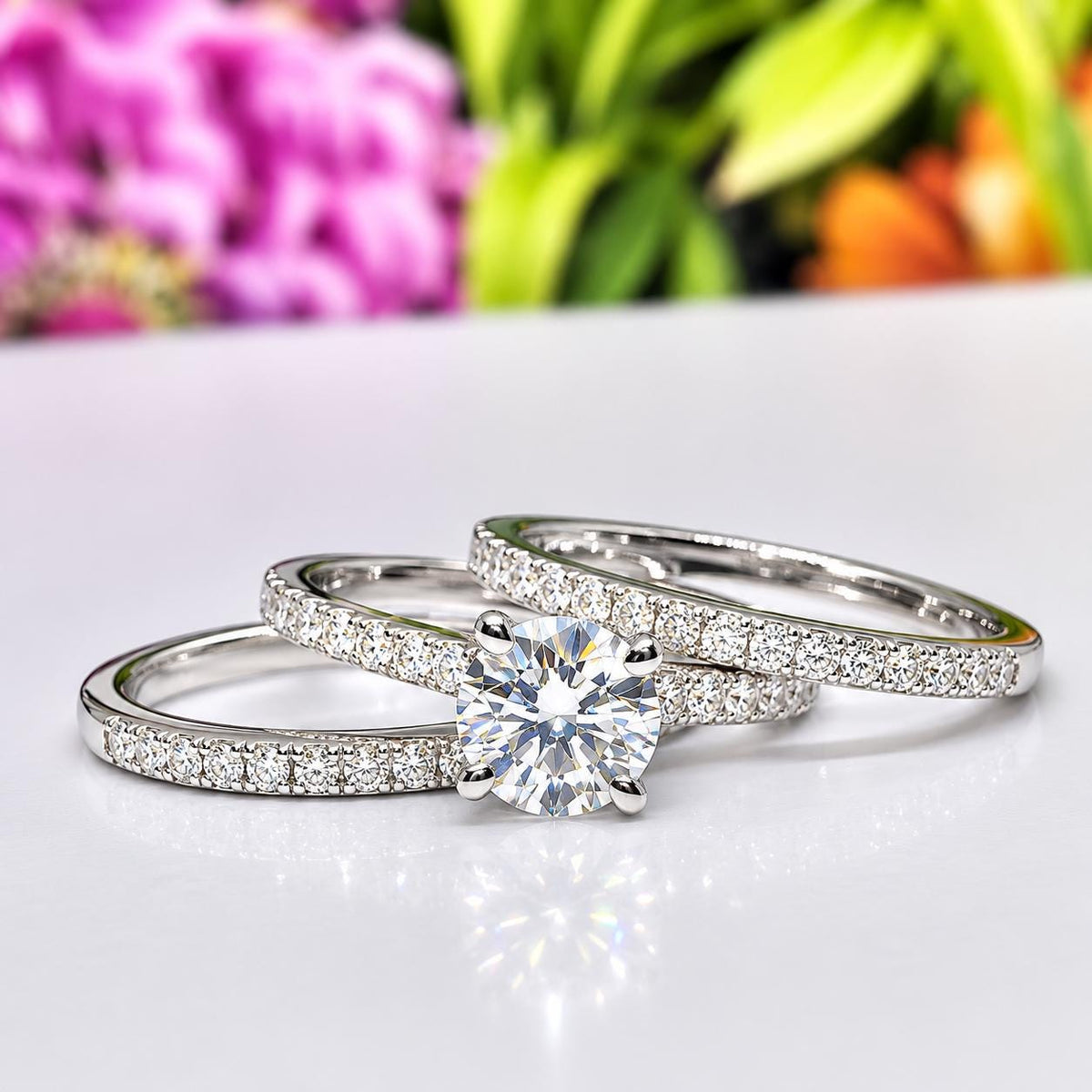 Moissanite Sterling Silver Wedding Ring Set - Round Bridal Stacking Rings