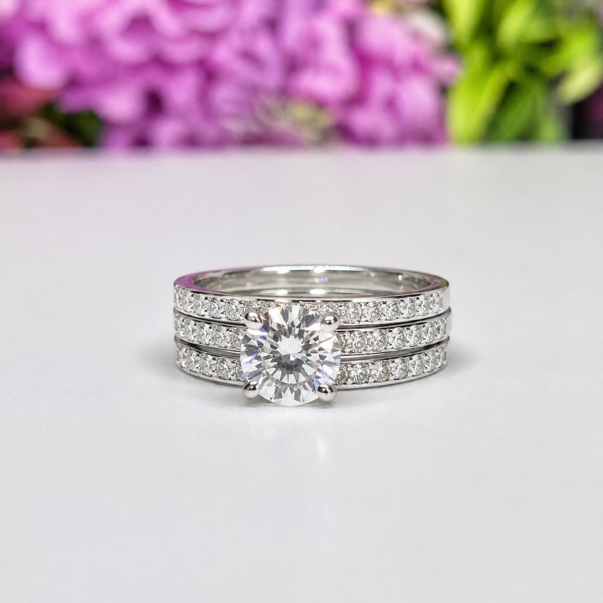 Moissanite Sterling Silver Wedding Ring Set - Round Bridal Stacking Rings