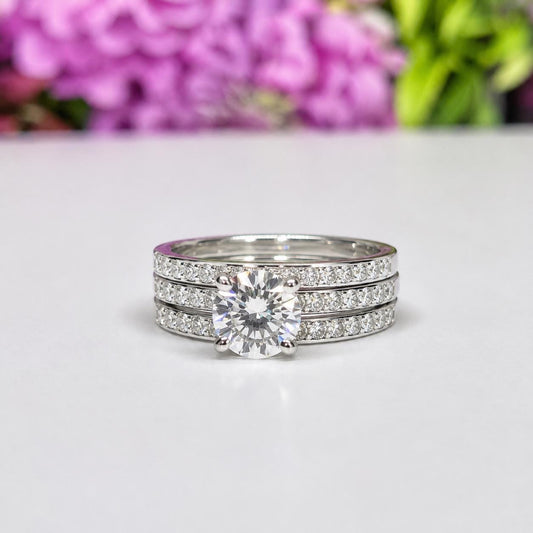 Moissanite Sterling Silver Wedding Ring Set - Round Bridal Stacking Rings