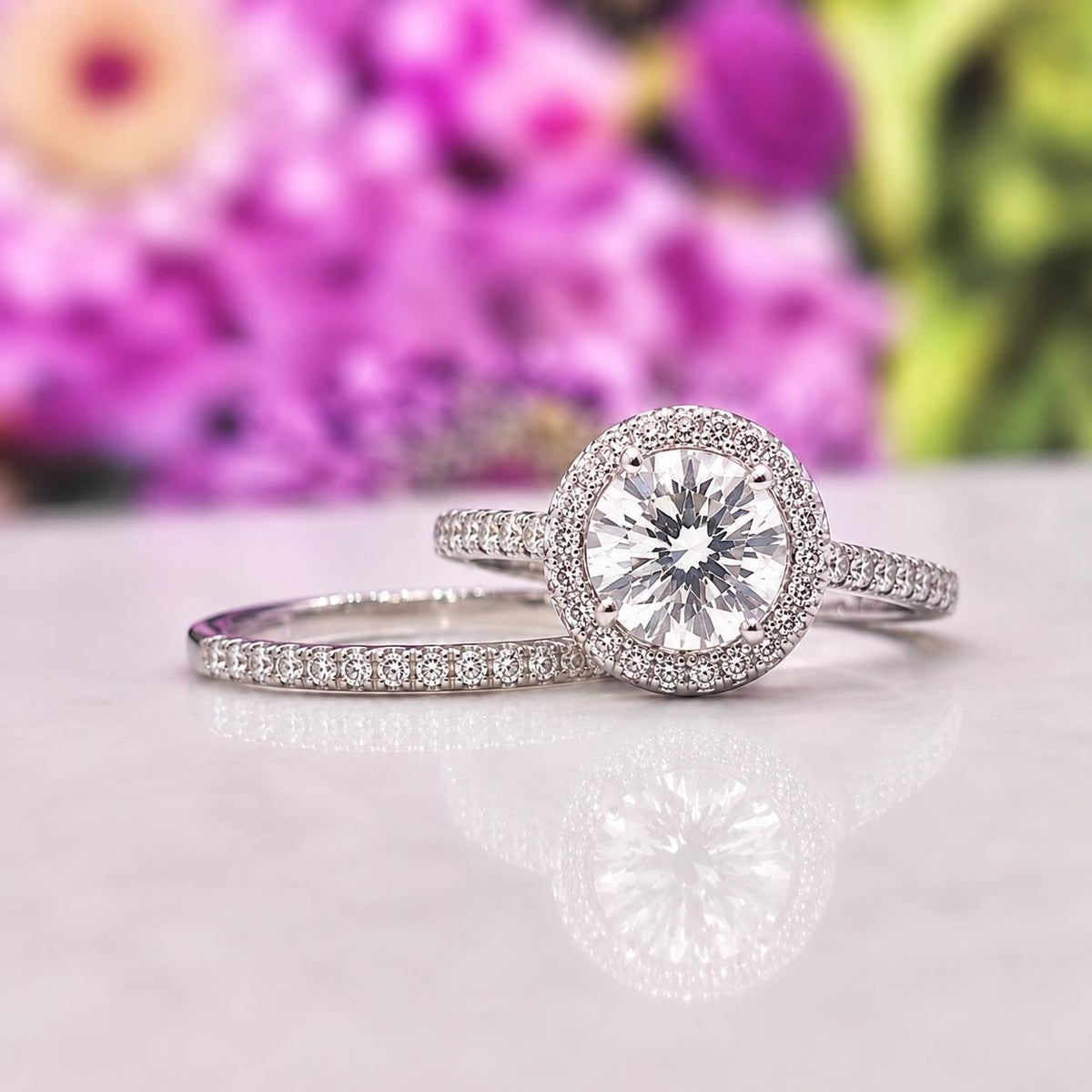 Round Cut Halo 2 Carat Moissanite Engagement Ring : 925 Sterling Silver
