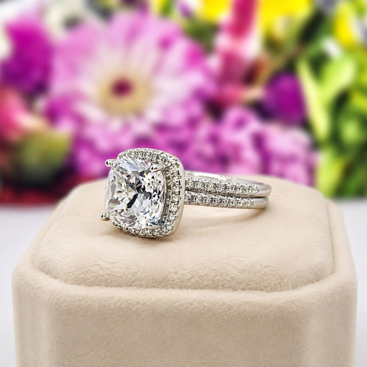 Cushion Cut 5 Carat Moissanite Engagement Ring Set: Sterling Silver Wedding Rings