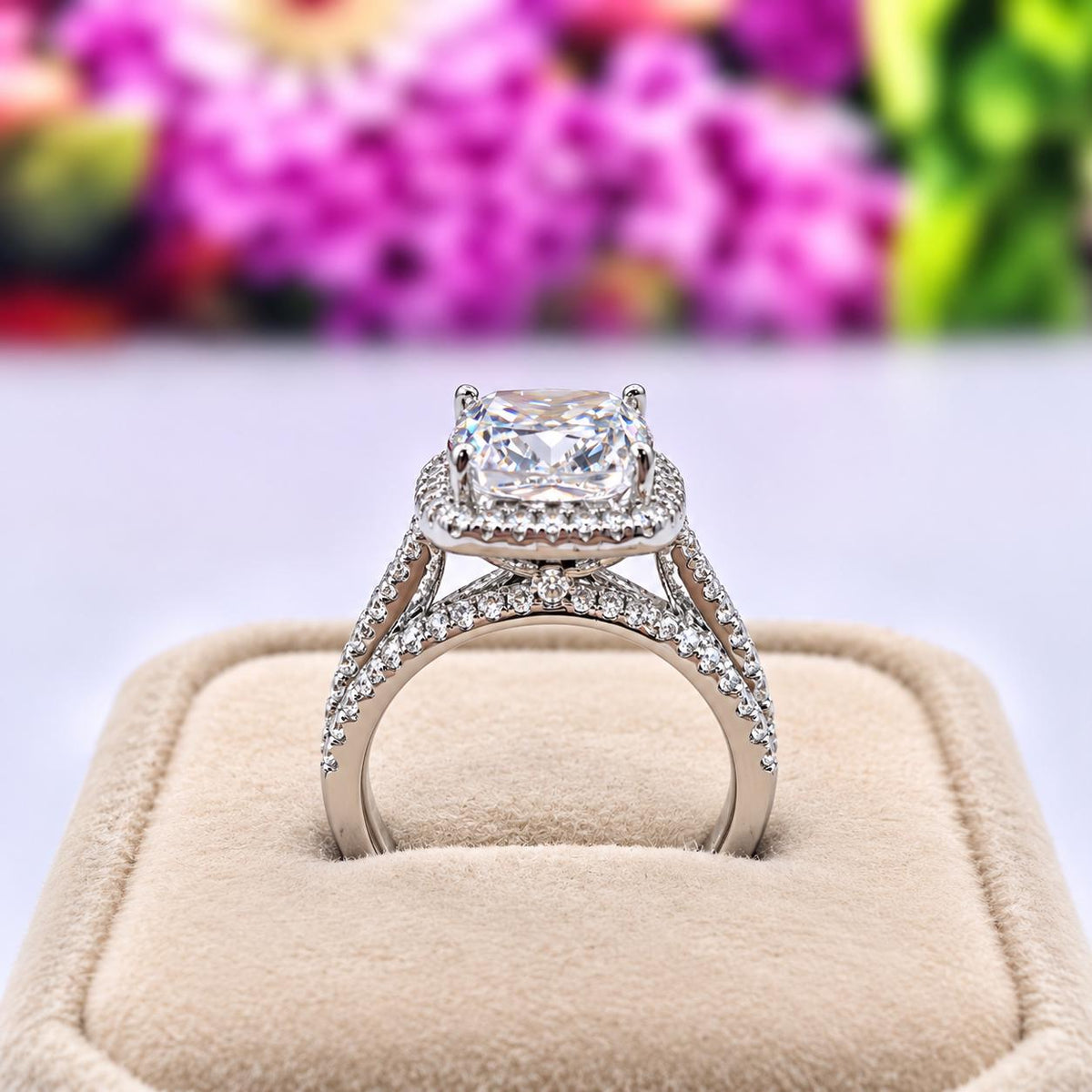 Cushion Cut 5 Carat Moissanite Engagement Ring Set: Sterling Silver Wedding Rings