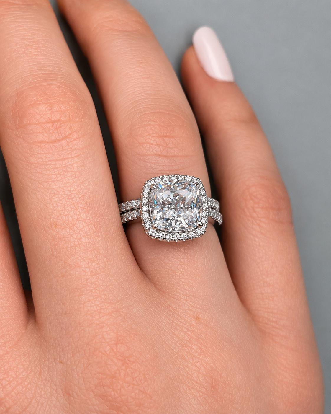 Cushion Cut 5 Carat Moissanite Engagement Ring Set: Sterling Silver Wedding Rings