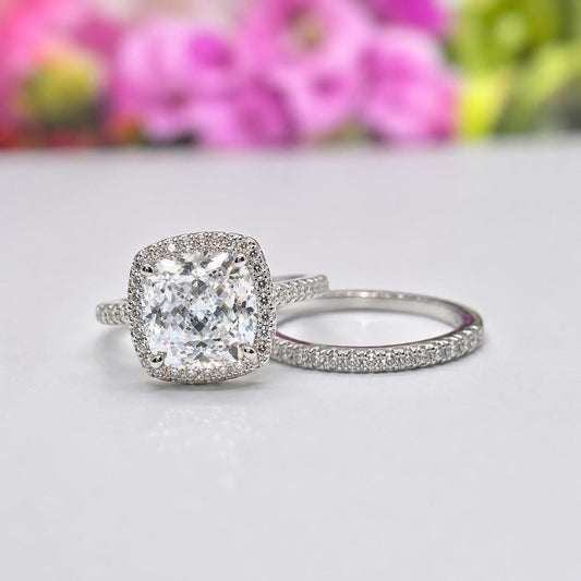 Cushion Cut 5 Carat Moissanite Engagement Ring Set: Sterling Silver Wedding Rings