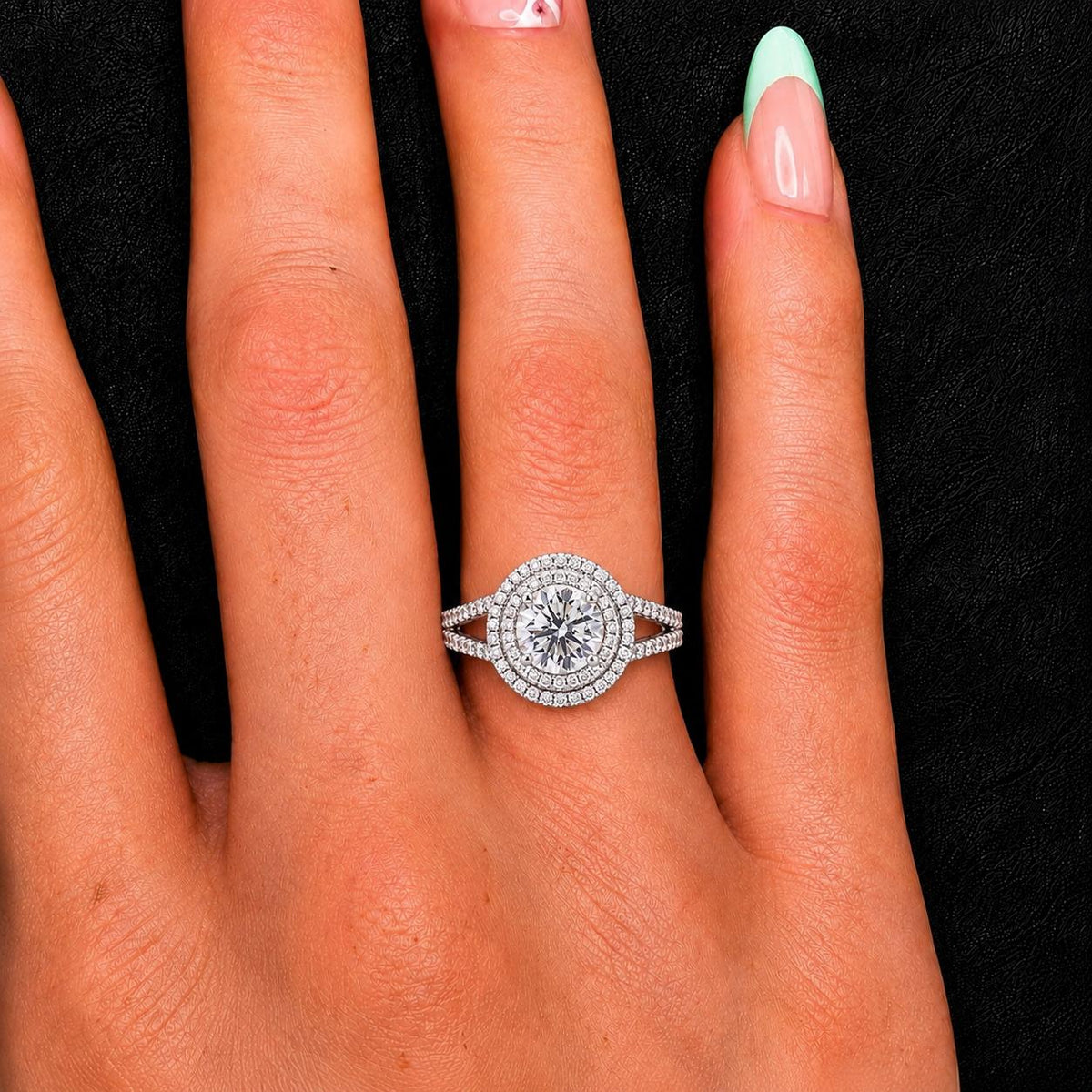 Double Halo 1.25 Ct  Moissanite Diamond Engagement Ring 925 Sterling Silver