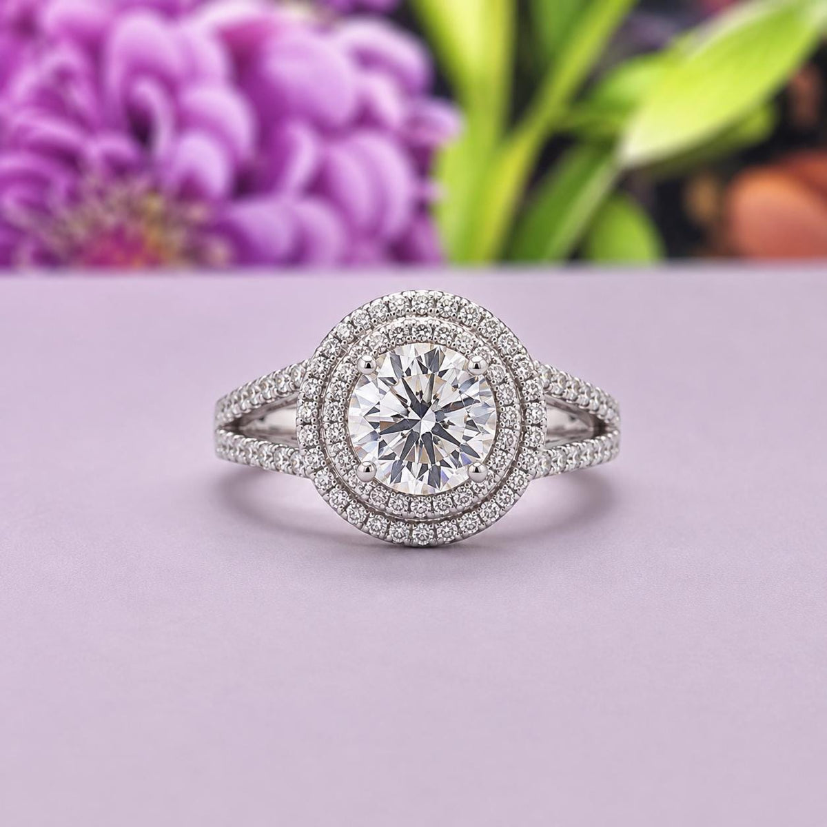 Double Halo 1.25 Ct  Moissanite Diamond Engagement Ring 925 Sterling Silver